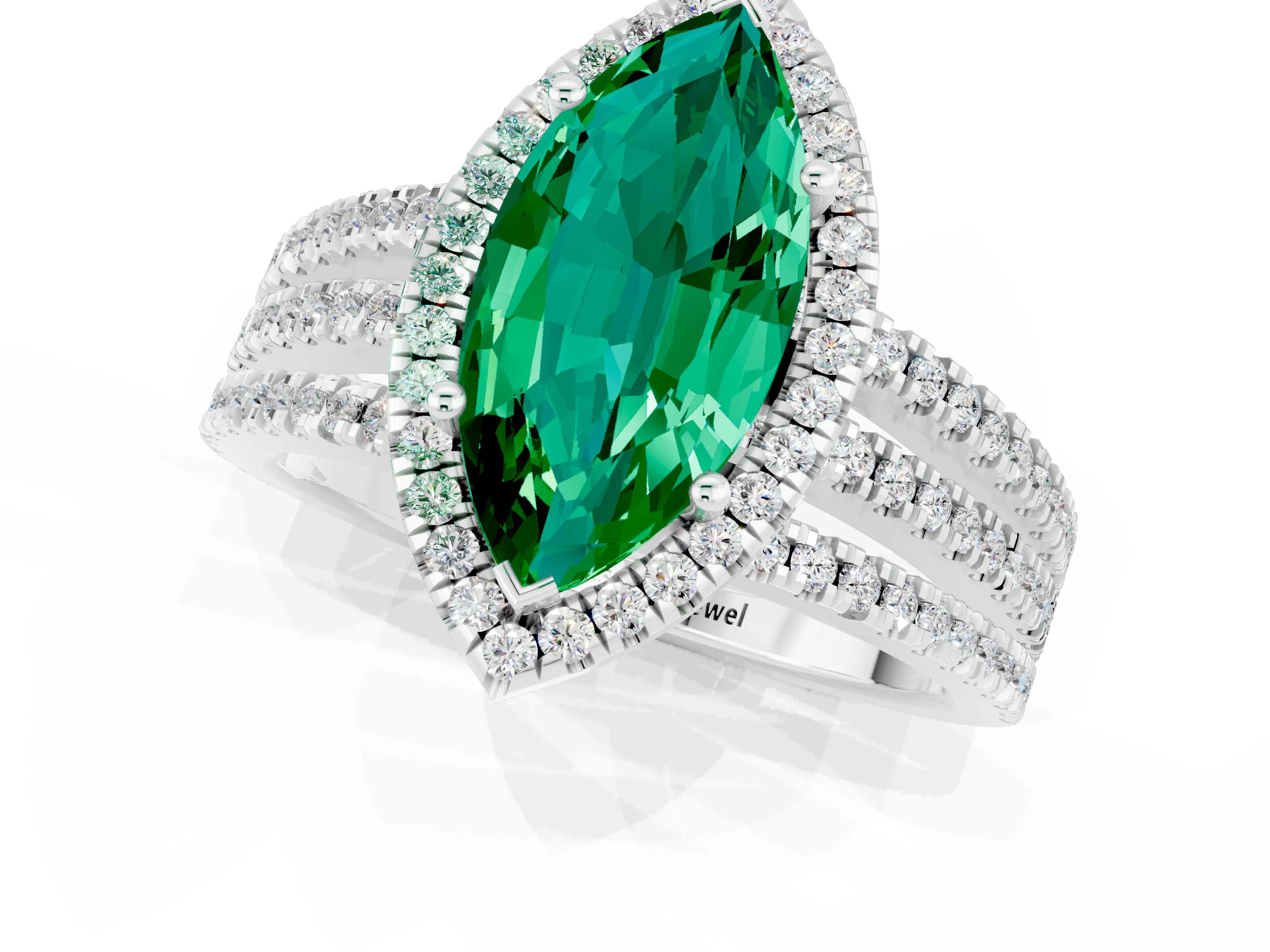 White gold {shape_name} Emerald Halo Engagement Ring with Split Shank and Four-Prong Setting_1