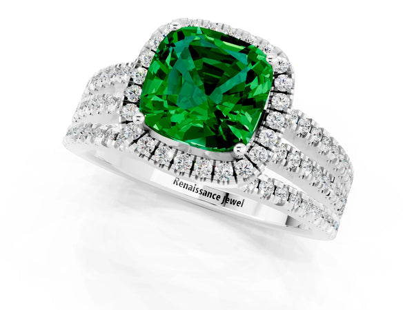 Platinum Cushion Cut Emerald Halo Engagement Ring with Split Shank and Four-Prong Setting