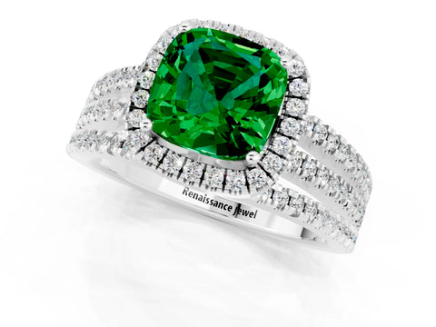 White gold {shape_name} Emerald Halo Engagement Ring with Split Shank and Four-Prong Setting_1
