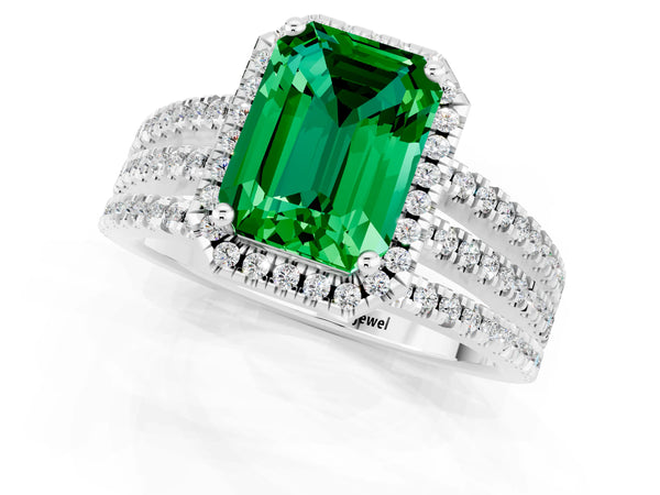 Platinum Emerald Cut Emerald Halo Engagement Ring with Split Shank and Four-Prong Setting