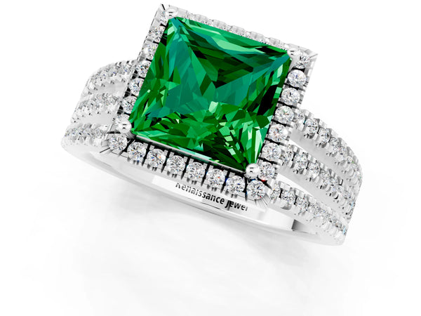 Silver Princess Cut Emerald Halo Engagement Ring with Split Shank and Four-Prong Setting