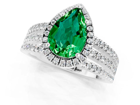 White gold {shape_name} Emerald Halo Engagement Ring with Split Shank and Four-Prong Setting_1