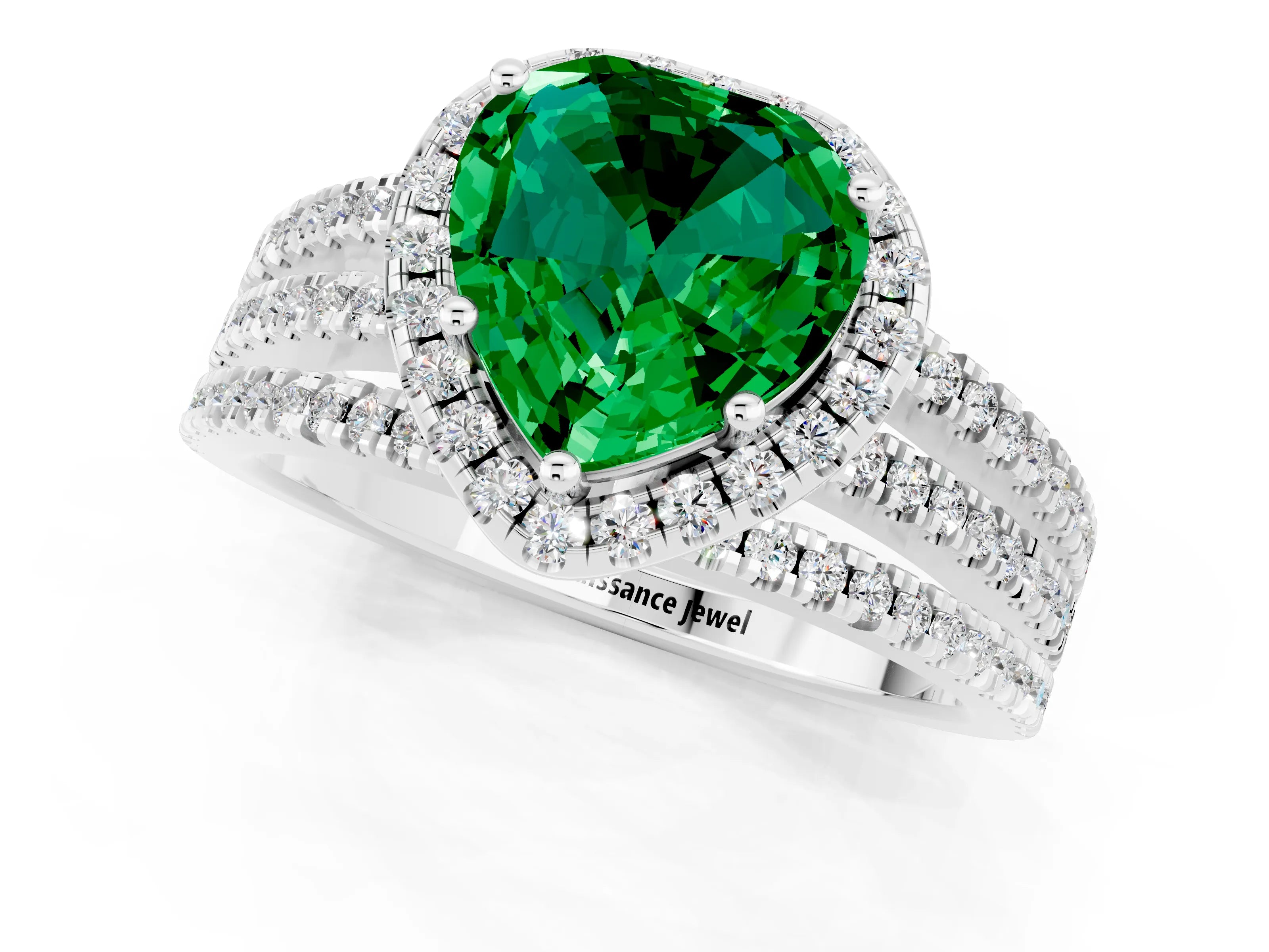 White gold {shape_name} Emerald Halo Engagement Ring with Split Shank and Four-Prong Setting_1