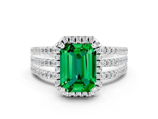 Silver Emerald Cut Emerald Halo Engagement Ring with Split Shank and Four-Prong Setting