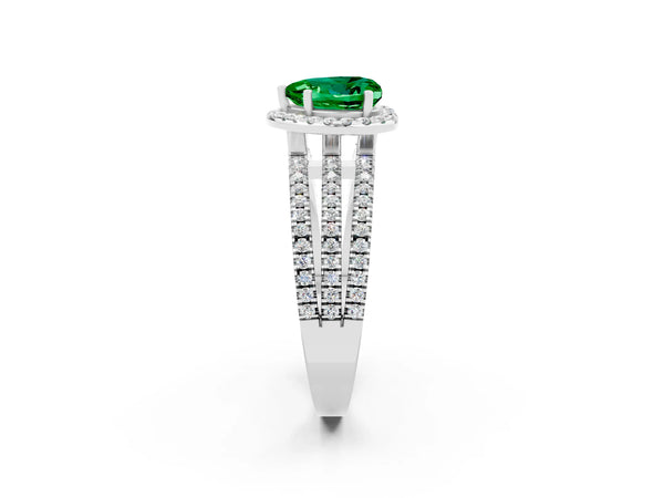 Platinum Heart Cut Emerald Halo Engagement Ring with Split Shank and Four-Prong Setting