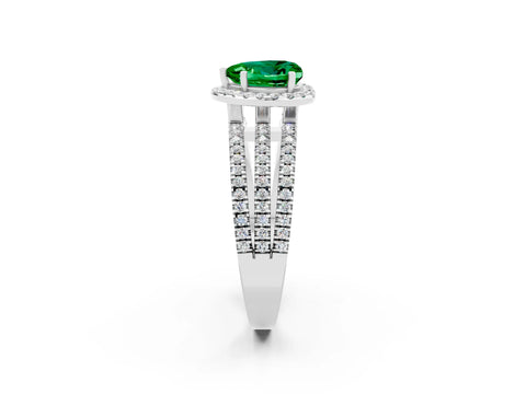 White gold {shape_name} Emerald Halo Engagement Ring with Split Shank and Four-Prong Setting_2