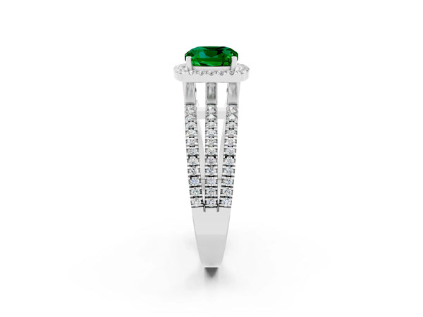 Silver Cushion Cut Emerald Halo Engagement Ring with Split Shank and Four-Prong Setting