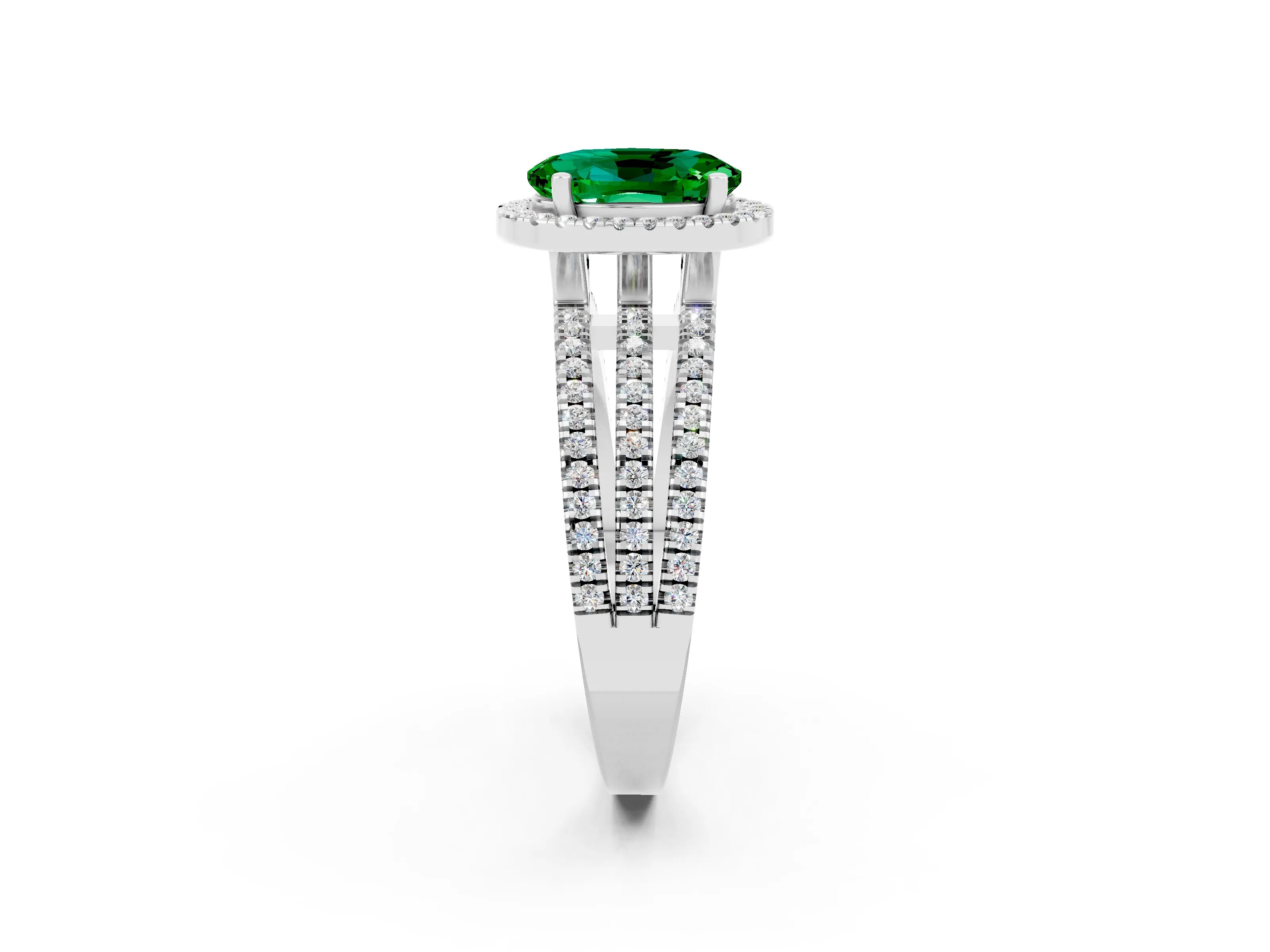 White gold {shape_name} Emerald Halo Engagement Ring with Split Shank and Four-Prong Setting_2
