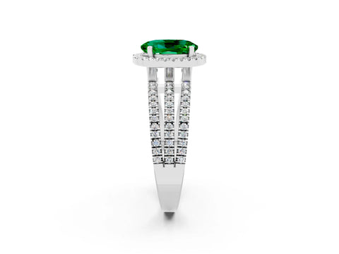 White gold {shape_name} Emerald Halo Engagement Ring with Split Shank and Four-Prong Setting_2