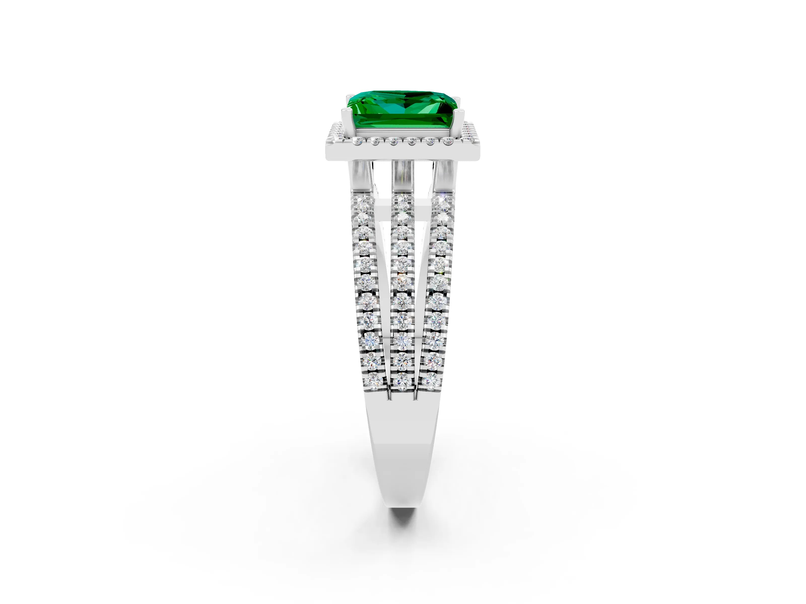White gold {shape_name} Emerald Halo Engagement Ring with Split Shank and Four-Prong Setting_2