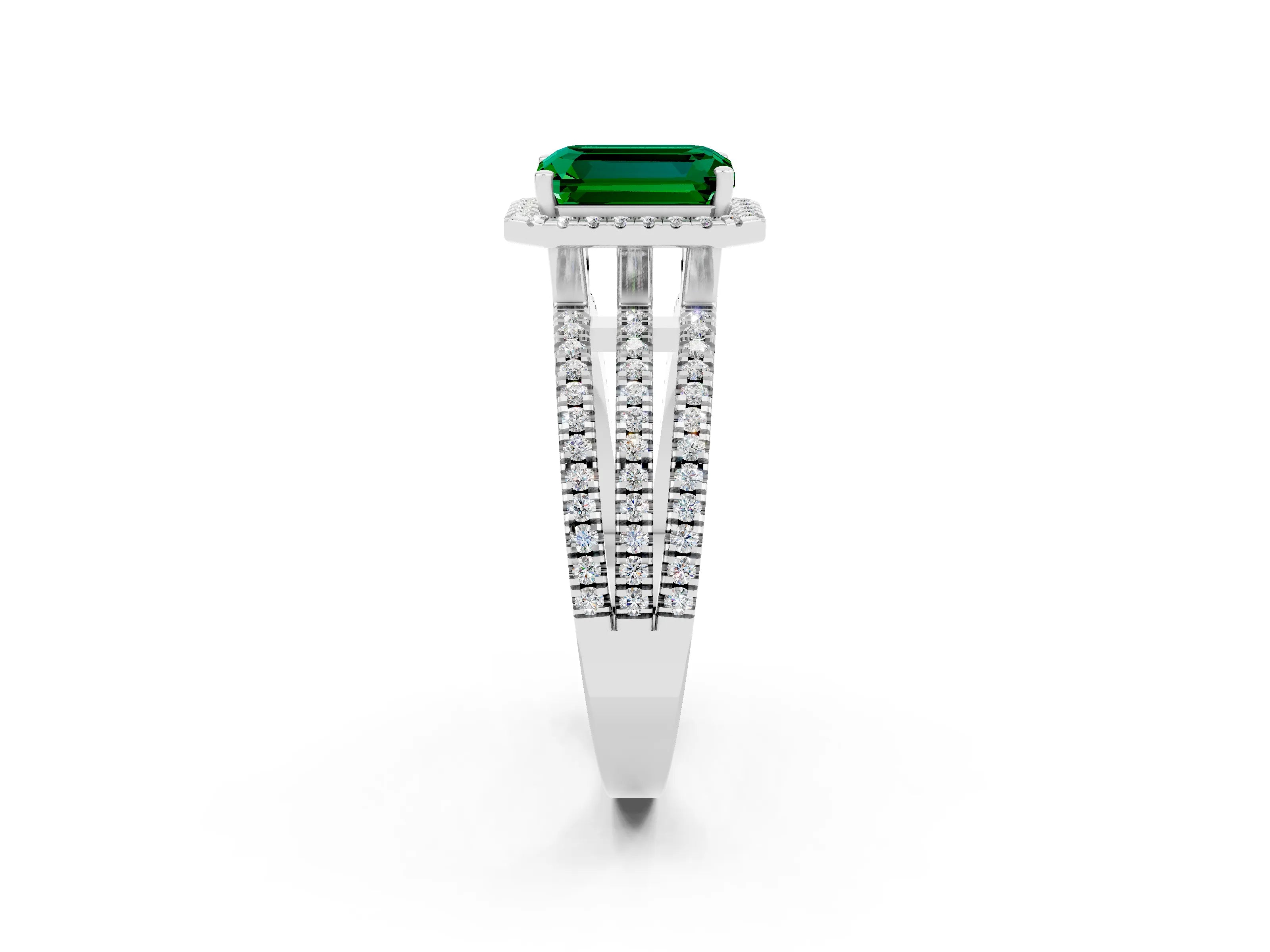 White gold {shape_name} Emerald Halo Engagement Ring with Split Shank and Four-Prong Setting_2