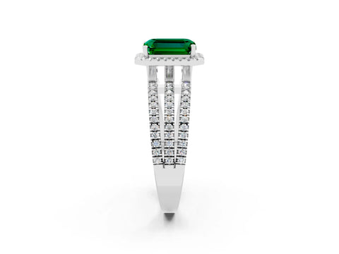 White gold {shape_name} Emerald Halo Engagement Ring with Split Shank and Four-Prong Setting_2