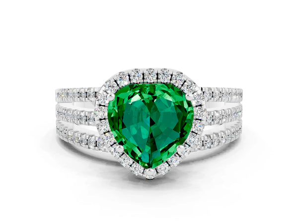 Silver Heart Cut Emerald Halo Engagement Ring with Split Shank and Four-Prong Setting