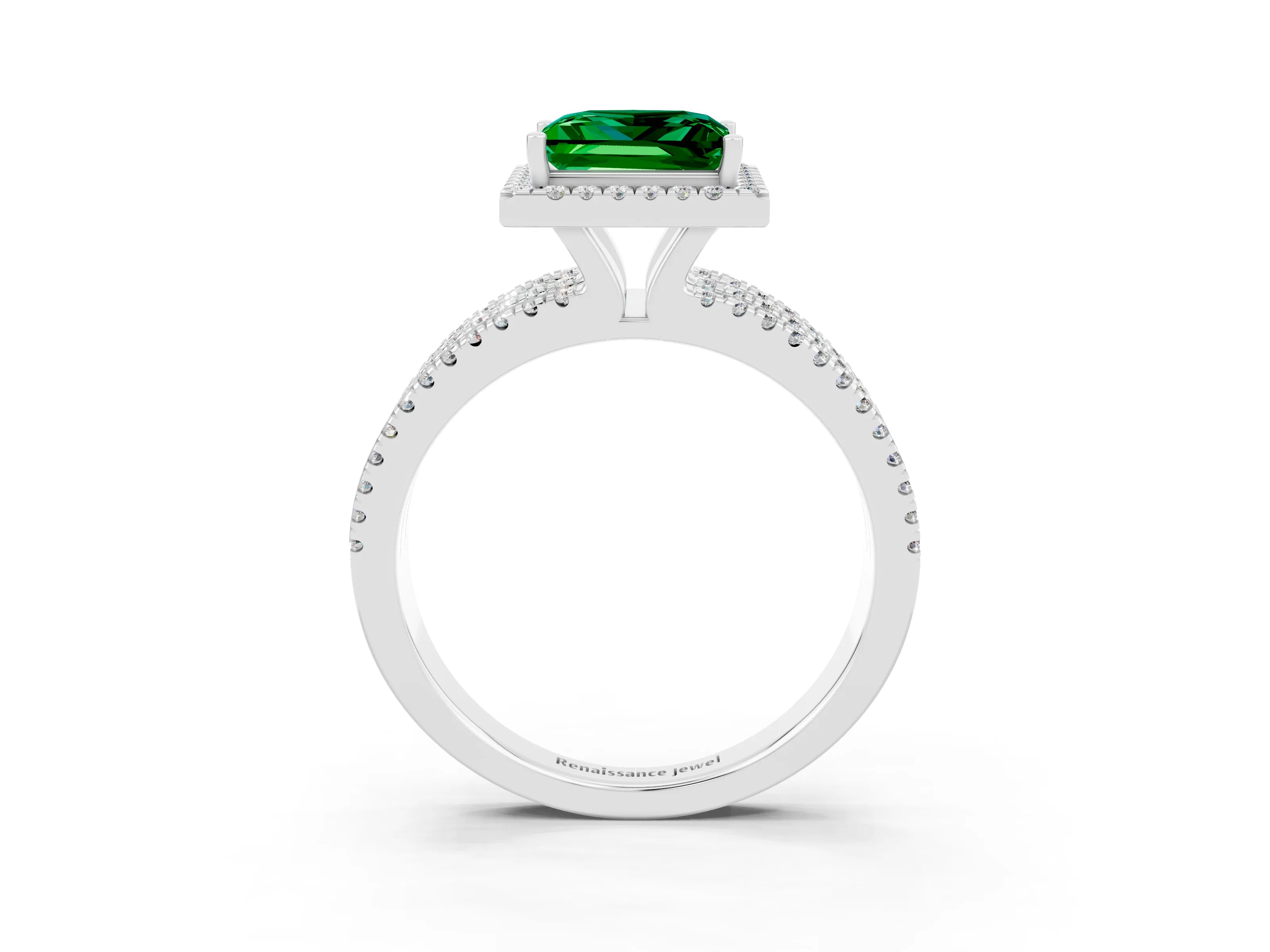 White gold {shape_name} Emerald Halo Engagement Ring with Split Shank and Four-Prong Setting_3