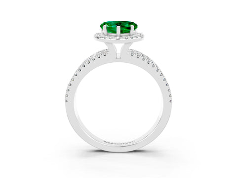 White gold {shape_name} Emerald Halo Engagement Ring with Split Shank and Four-Prong Setting_3