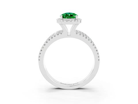 White gold {shape_name} Emerald Halo Engagement Ring with Split Shank and Four-Prong Setting_3