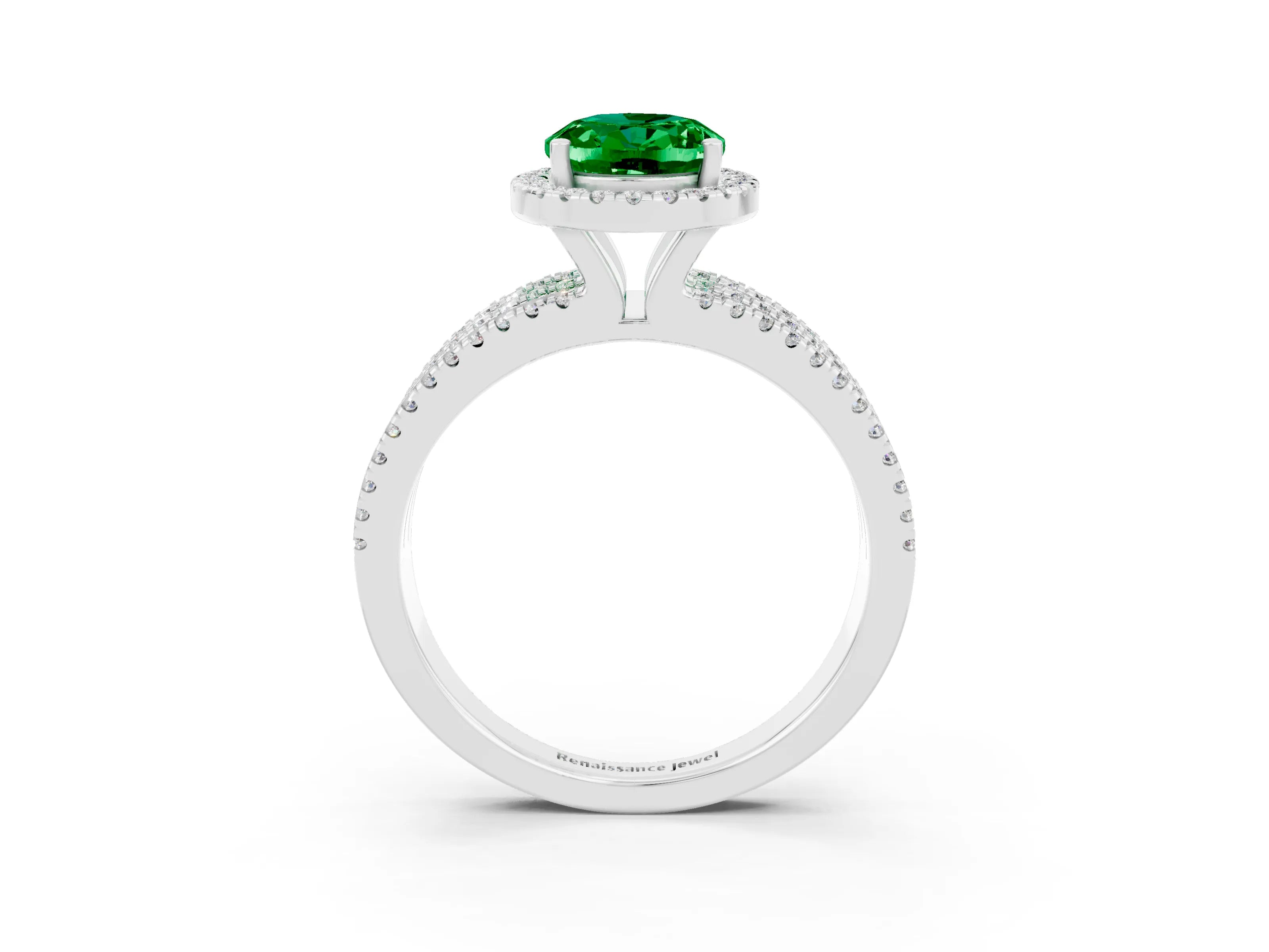 White gold {shape_name} Emerald Halo Engagement Ring with Split Shank and Four-Prong Setting_3