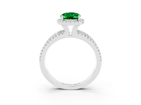 White gold {shape_name} Emerald Halo Engagement Ring with Split Shank and Four-Prong Setting_3