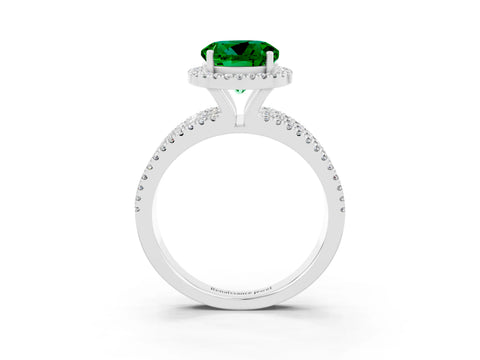 White gold {shape_name} Emerald Halo Engagement Ring with Split Shank and Four-Prong Setting_3