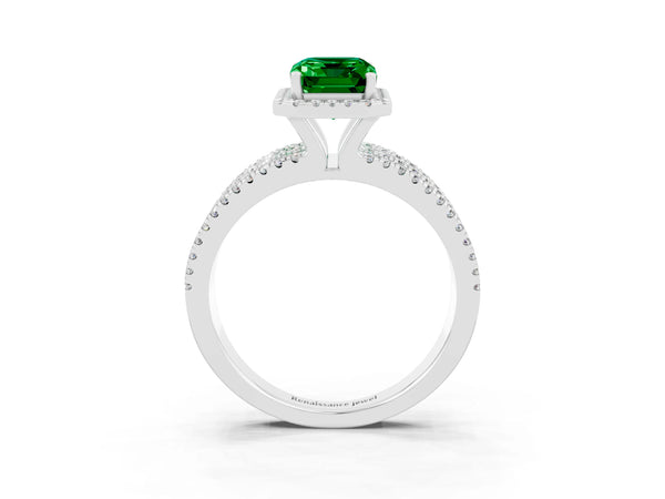 Silver Emerald Cut Emerald Halo Engagement Ring with Split Shank and Four-Prong Setting