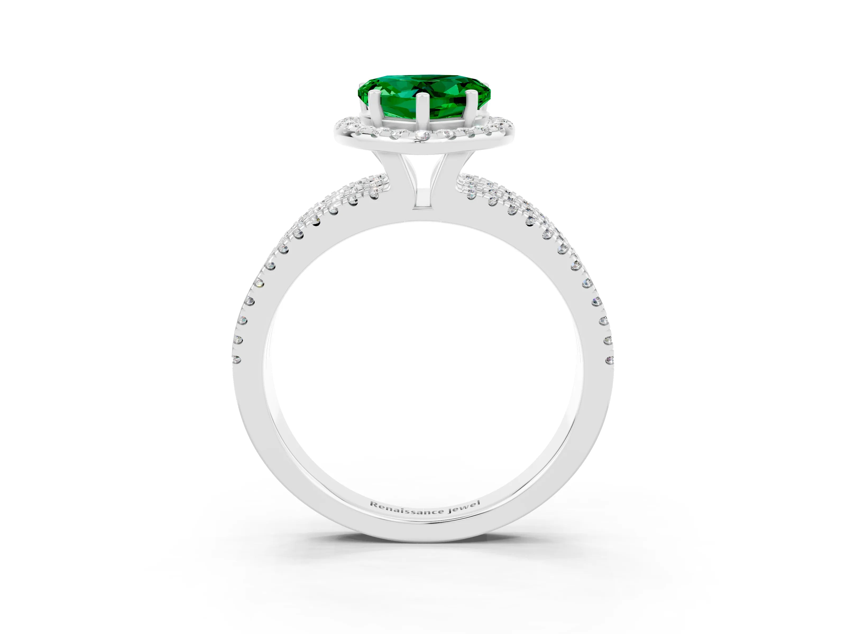 White gold {shape_name} Emerald Halo Engagement Ring with Split Shank and Four-Prong Setting_3