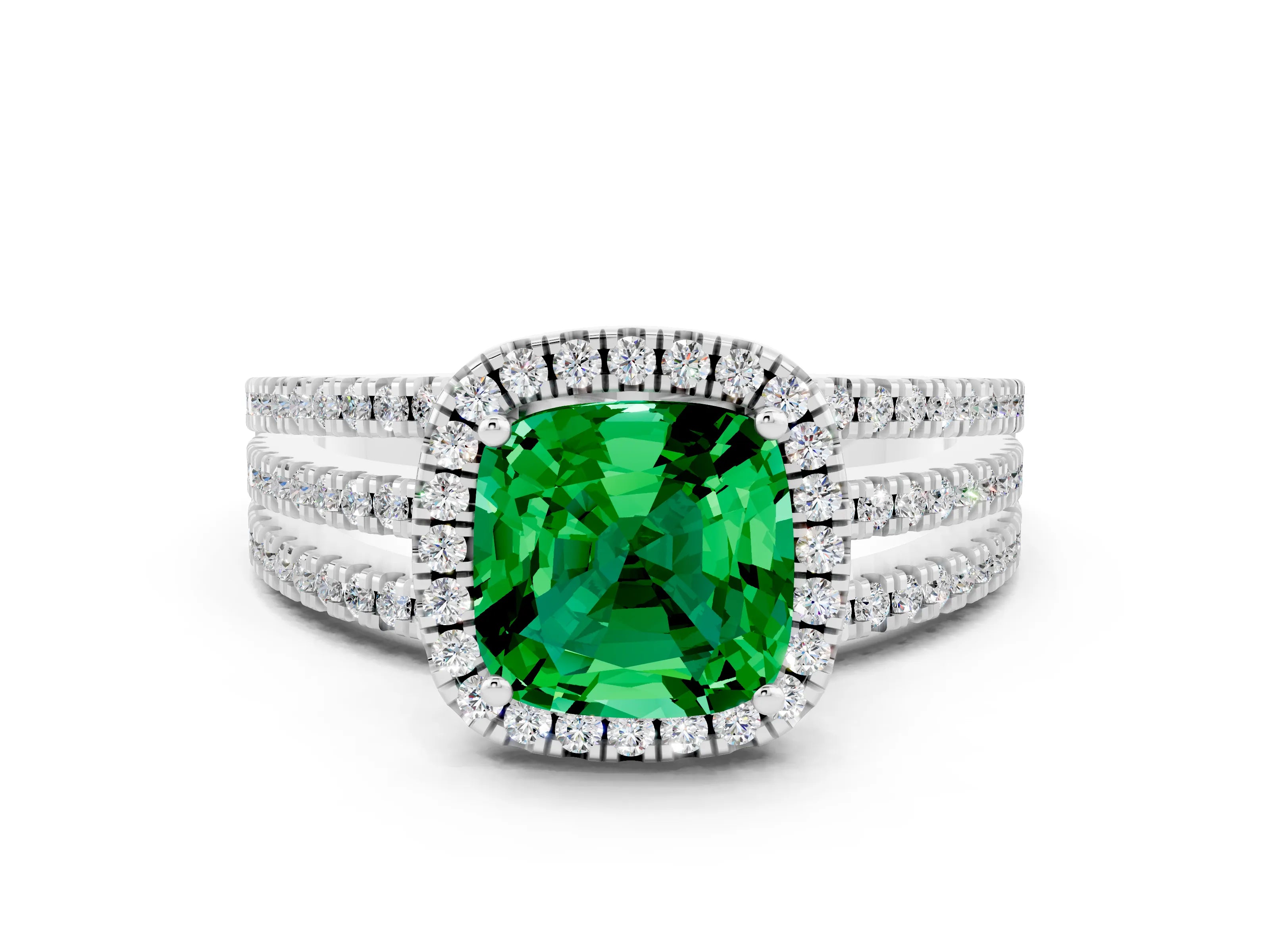 White gold {shape_name} Emerald Halo Engagement Ring with Split Shank and Four-Prong Setting