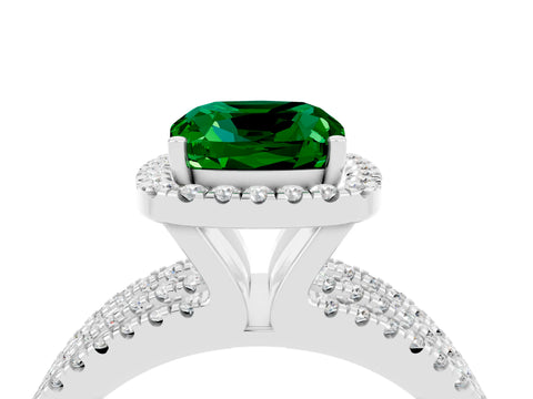 White gold {shape_name} Emerald Halo Engagement Ring with Split Shank and Four-Prong Setting_4