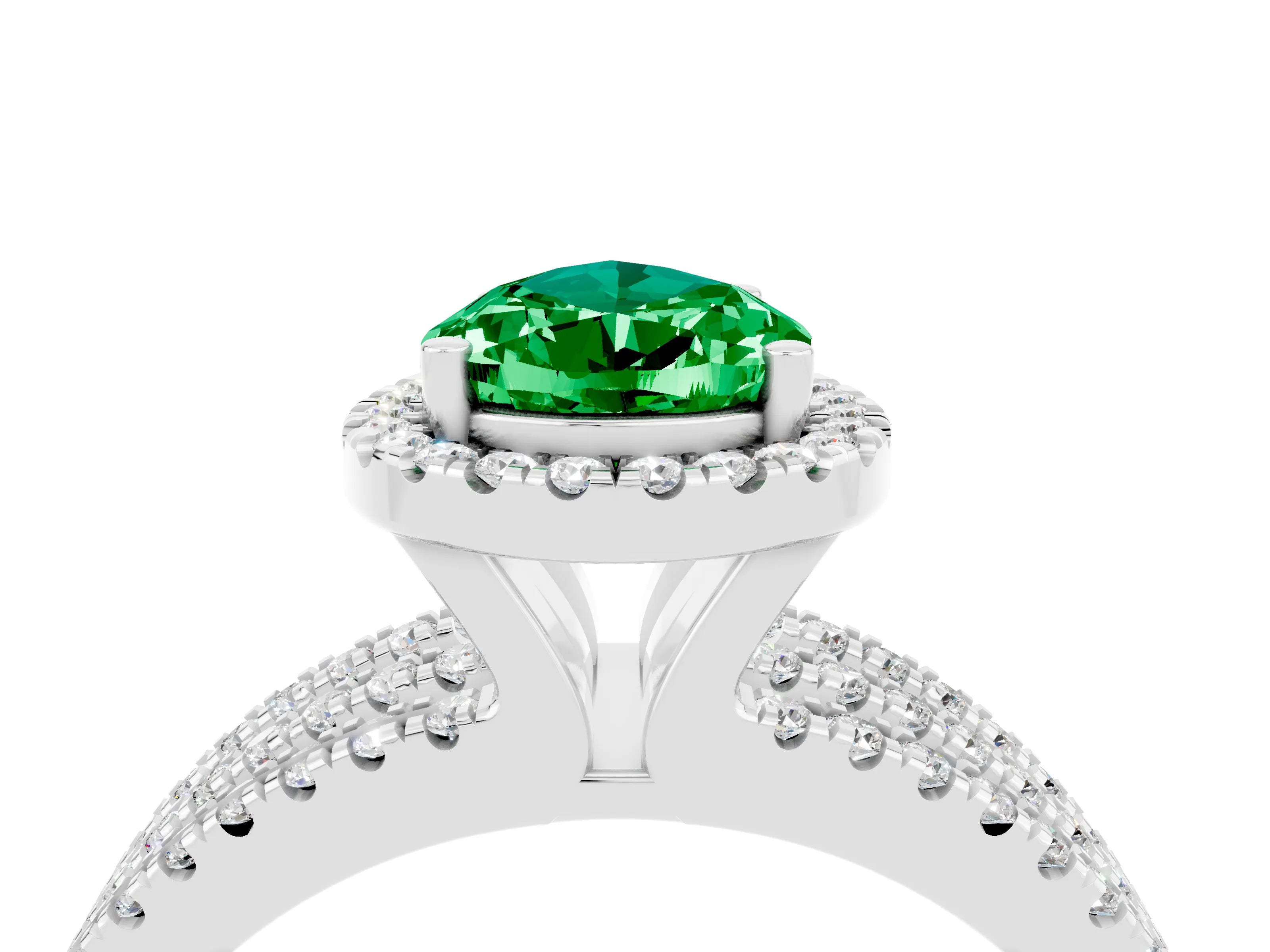 White gold {shape_name} Emerald Halo Engagement Ring with Split Shank and Four-Prong Setting_4