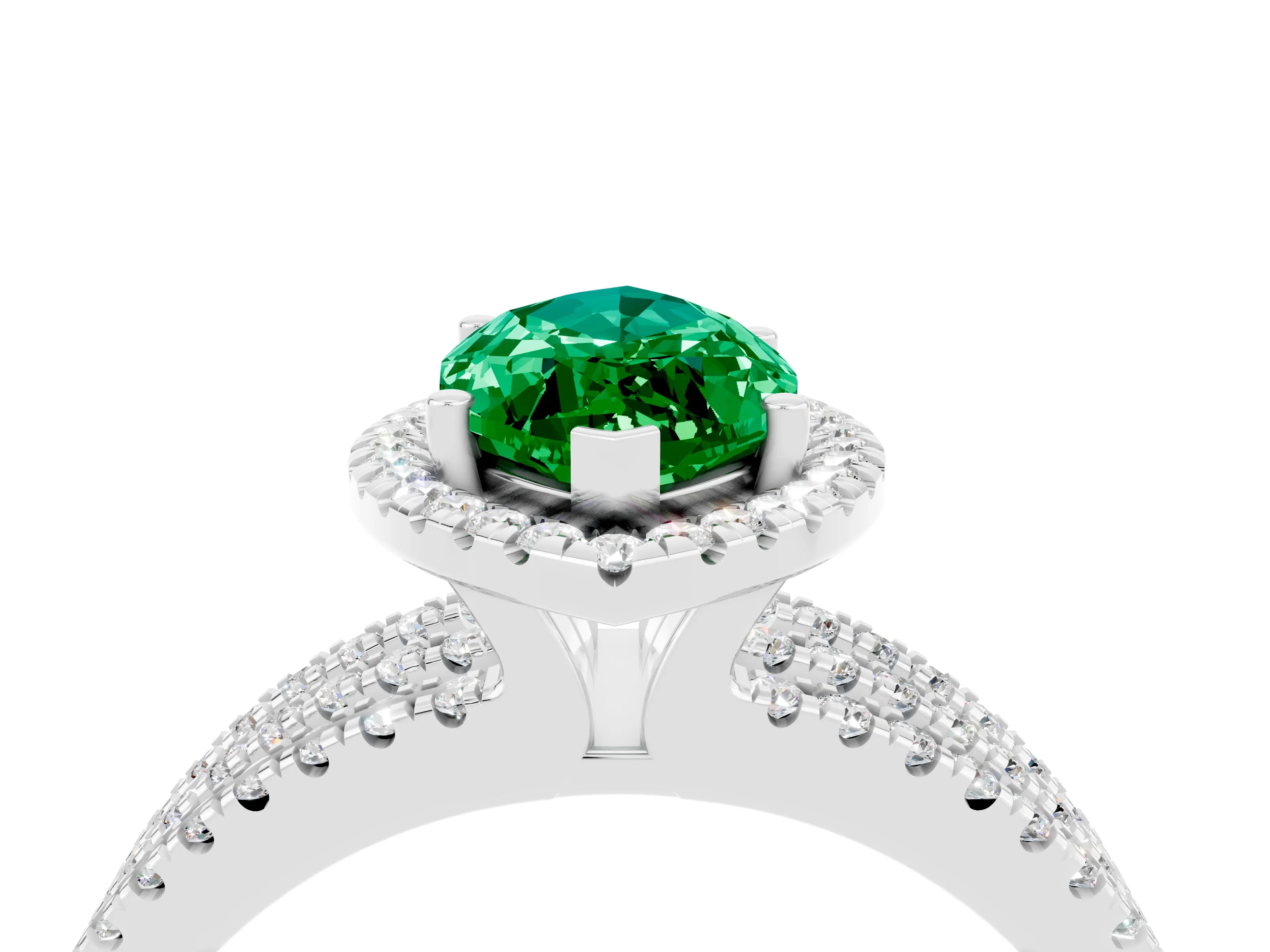 White gold {shape_name} Emerald Halo Engagement Ring with Split Shank and Four-Prong Setting_4