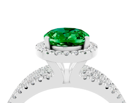 White gold {shape_name} Emerald Halo Engagement Ring with Split Shank and Four-Prong Setting_4
