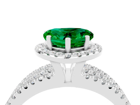 White gold {shape_name} Emerald Halo Engagement Ring with Split Shank and Four-Prong Setting_4