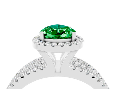 White gold {shape_name} Emerald Halo Engagement Ring with Split Shank and Four-Prong Setting_4