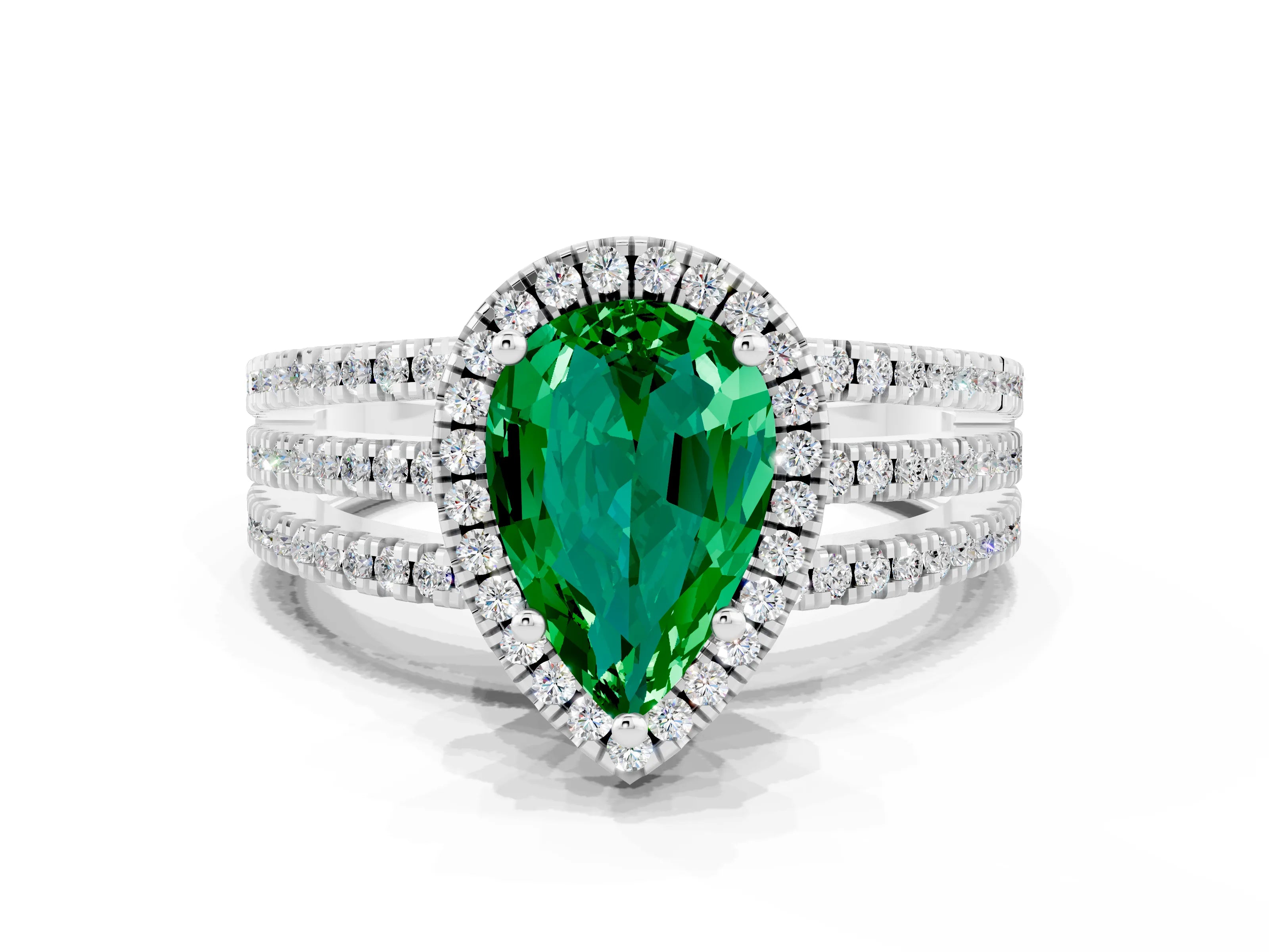 White gold {shape_name} Emerald Halo Engagement Ring with Split Shank and Four-Prong Setting