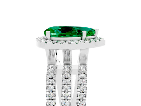 White gold {shape_name} Emerald Halo Engagement Ring with Split Shank and Four-Prong Setting_5