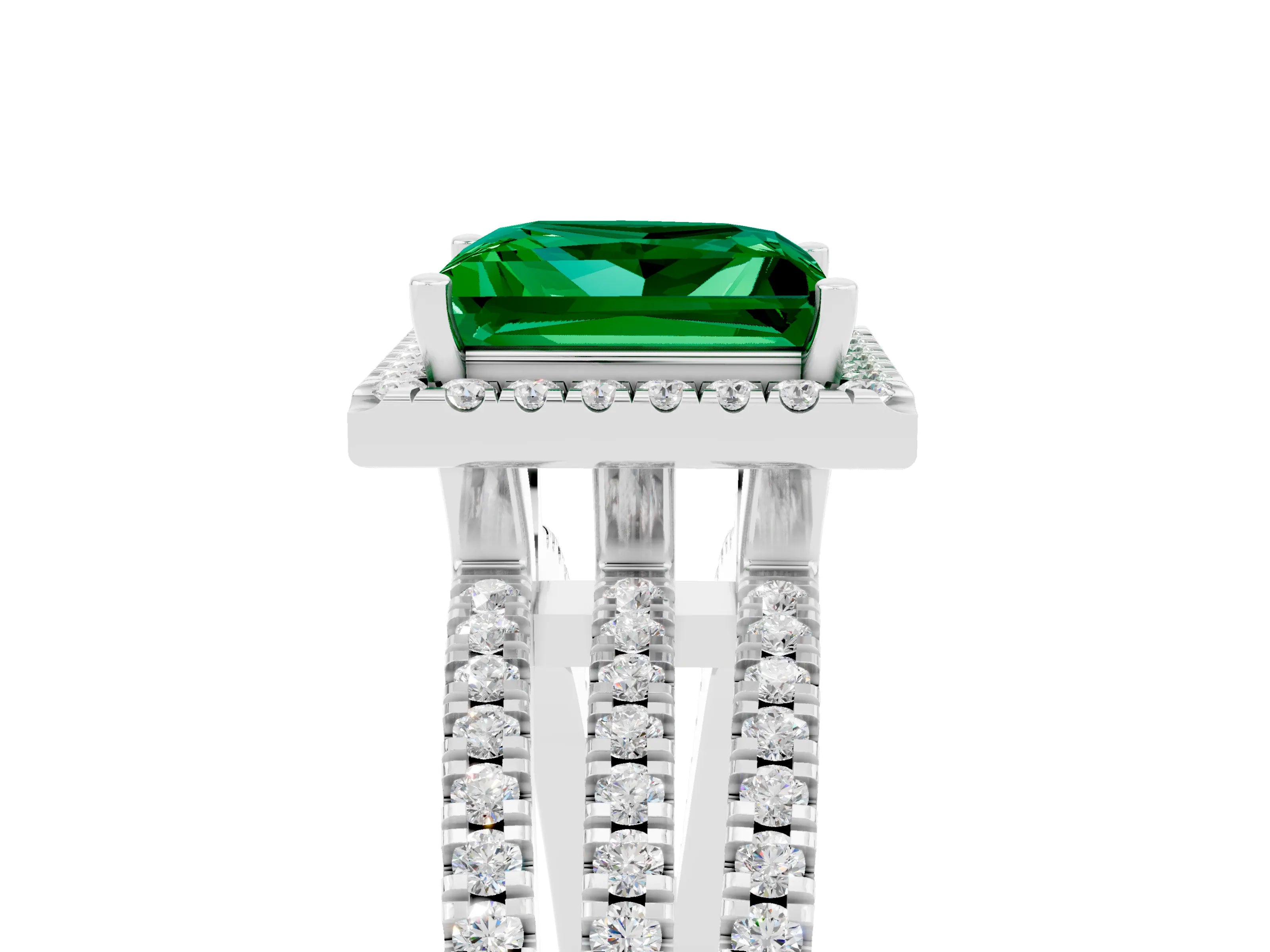 White gold {shape_name} Emerald Halo Engagement Ring with Split Shank and Four-Prong Setting_5