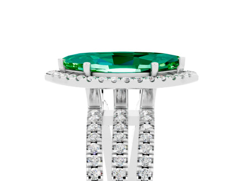 White gold {shape_name} Emerald Halo Engagement Ring with Split Shank and Four-Prong Setting_5