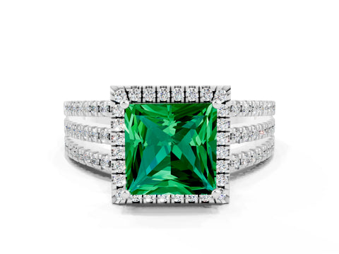 White gold {shape_name} Emerald Halo Engagement Ring with Split Shank and Four-Prong Setting