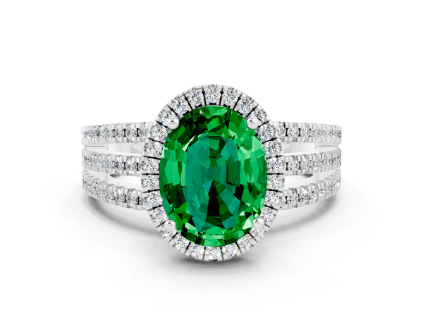 Platinum Oval Cut Emerald Halo Engagement Ring with Split Shank and Four-Prong Setting