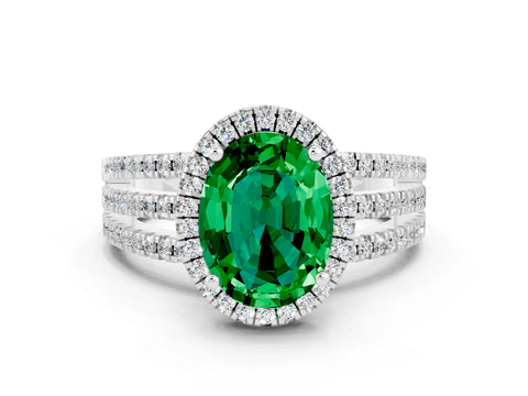 White gold {shape_name} Emerald Halo Engagement Ring with Split Shank and Four-Prong Setting