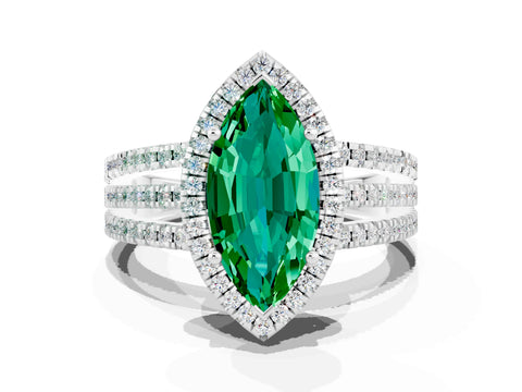 White gold {shape_name} Emerald Halo Engagement Ring with Split Shank and Four-Prong Setting
