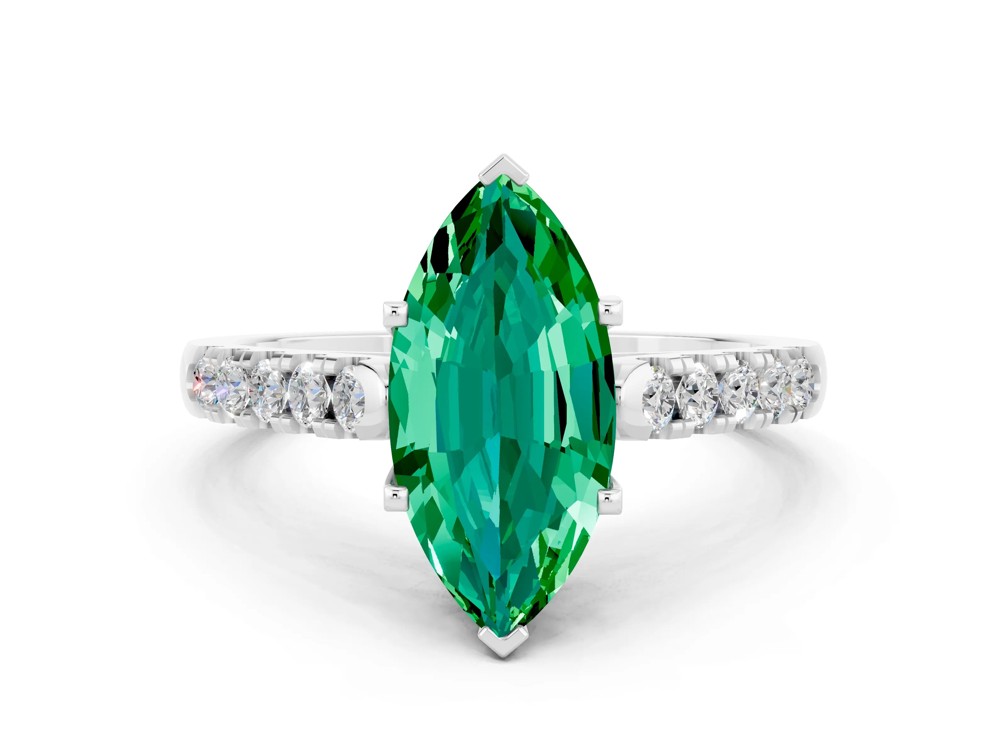 White gold {shape_name} Emerald Solitaire Ring with Pavé Band and Four-Prong Setting_12