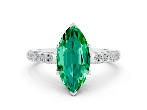 White gold {shape_name} Emerald Solitaire Ring with Pavé Band and Four-Prong Setting_12