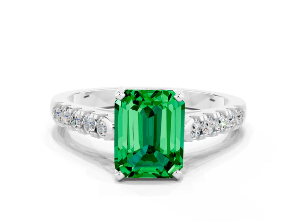 White gold Emerald Cut Emerald Pavé Band Solitaire Ring with Prong Setting