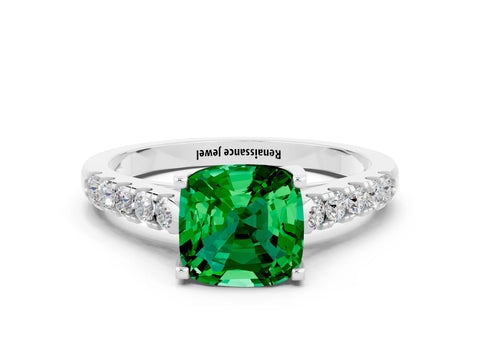White gold {shape_name} Emerald Solitaire Ring with Pavé Band and Four-Prong Setting_12