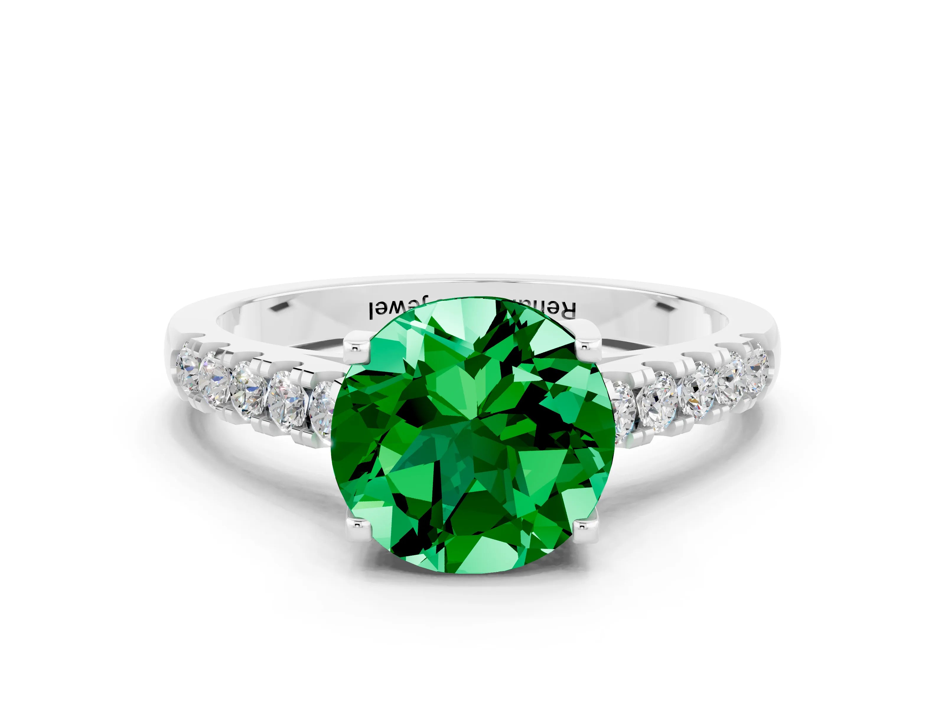 White gold {shape_name} Emerald Solitaire Ring with Pavé Band and Four-Prong Setting_12