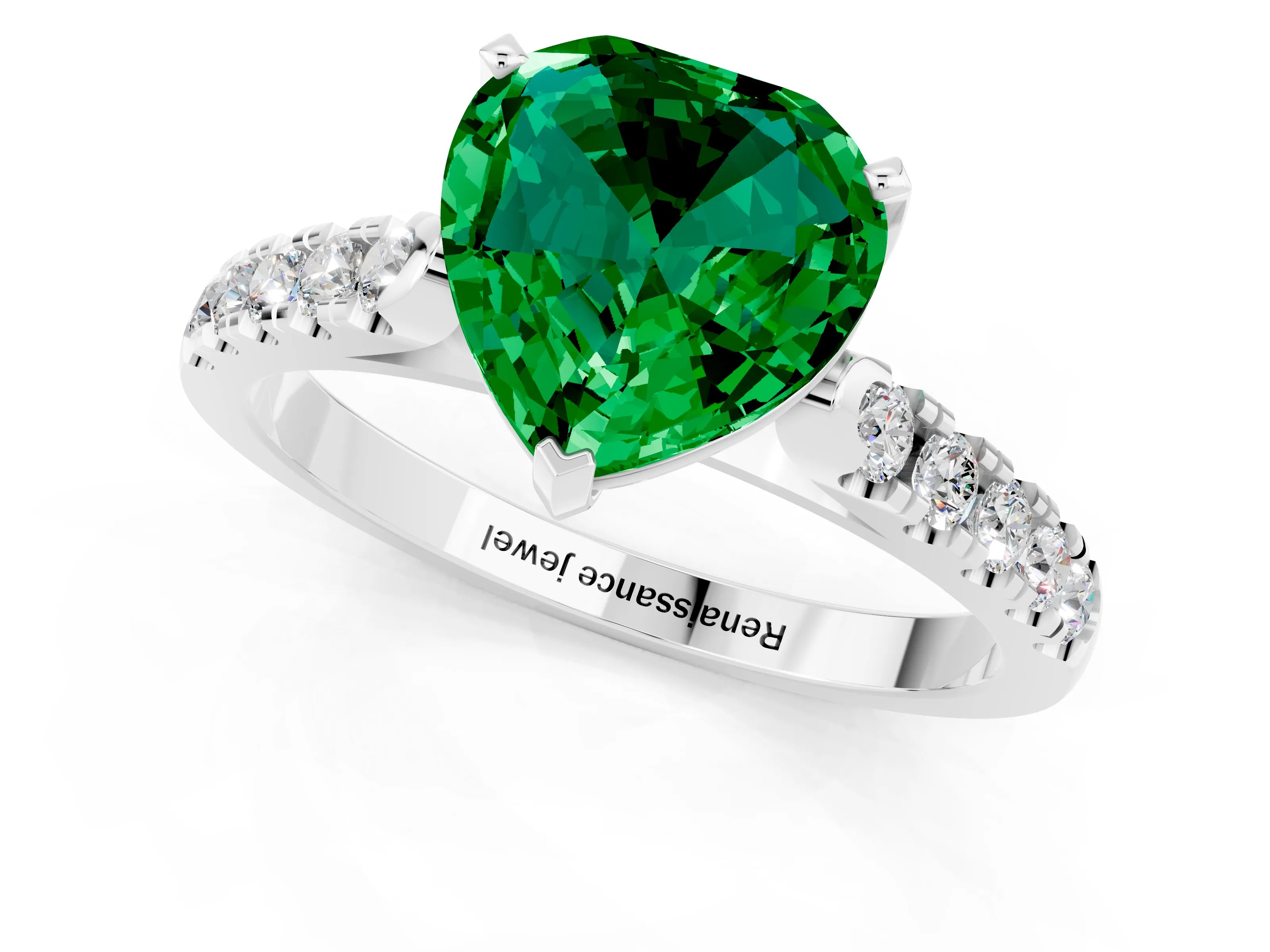 White gold {shape_name} Emerald Solitaire Ring with Pavé Band and Four-Prong Setting_13