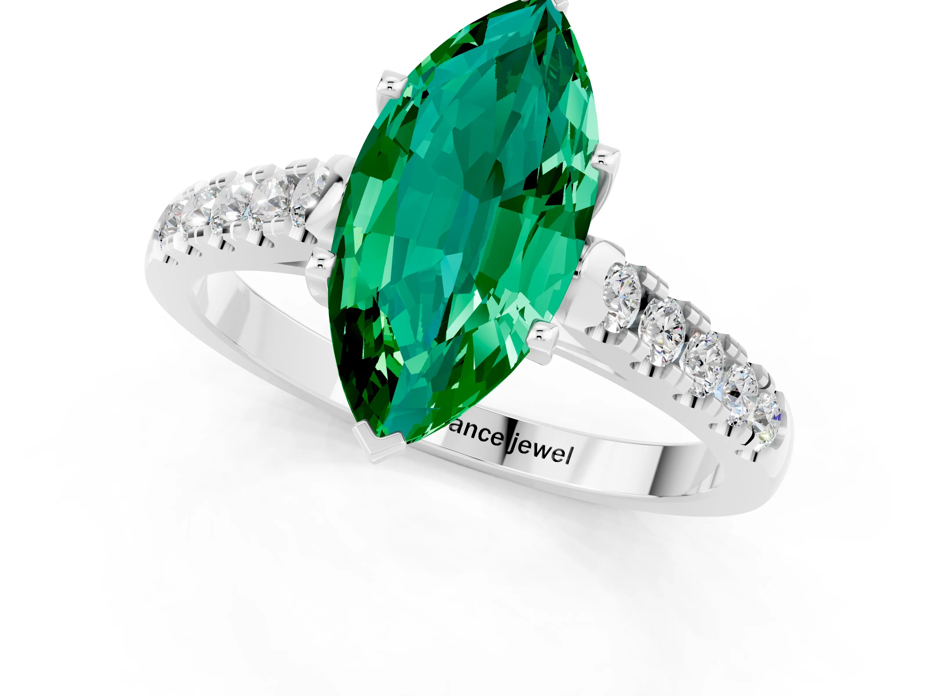 White gold {shape_name} Emerald Solitaire Ring with Pavé Band and Four-Prong Setting_13