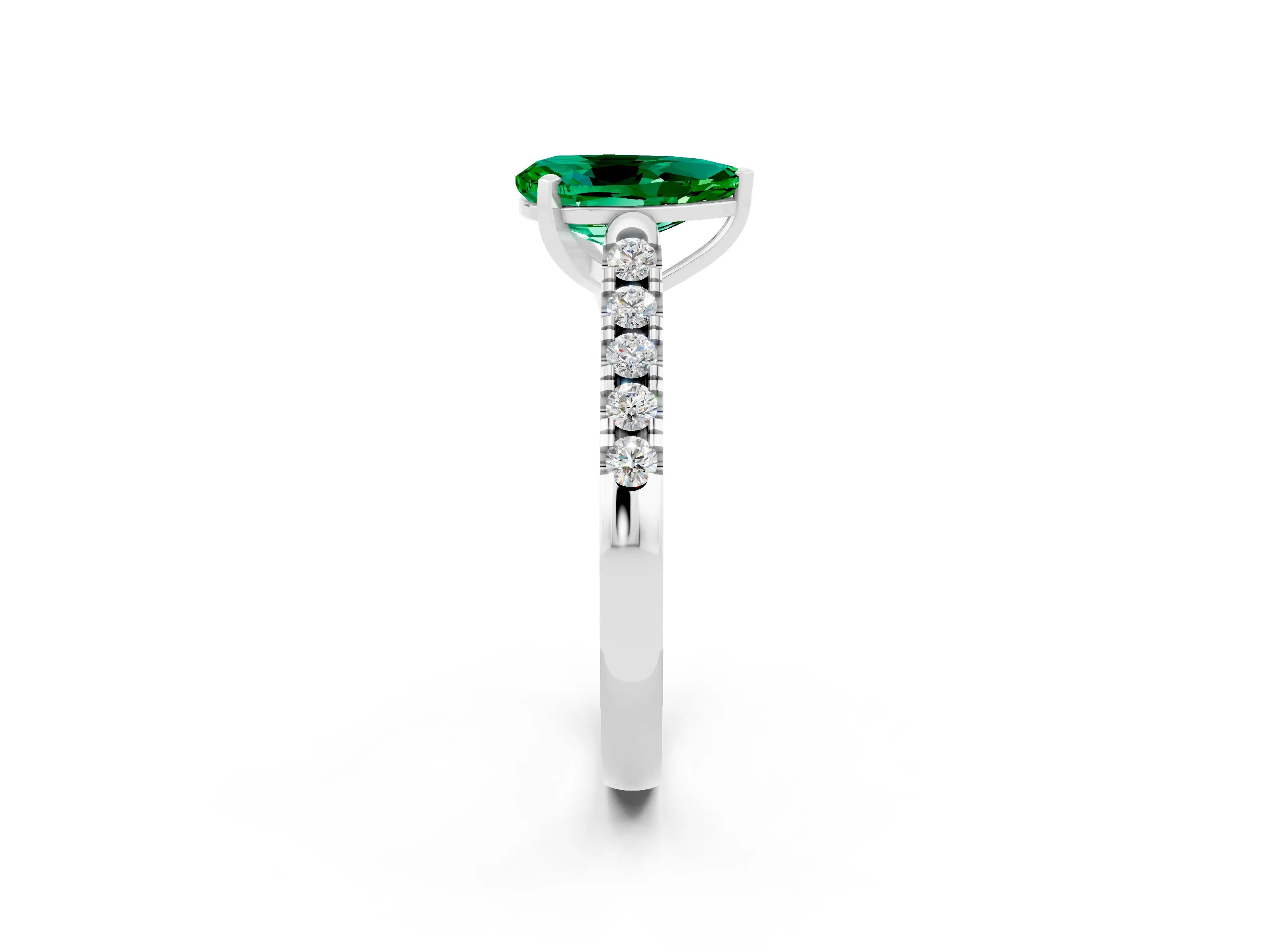 White gold {shape_name} Emerald Solitaire Ring with Pavé Band and Four-Prong Setting_14