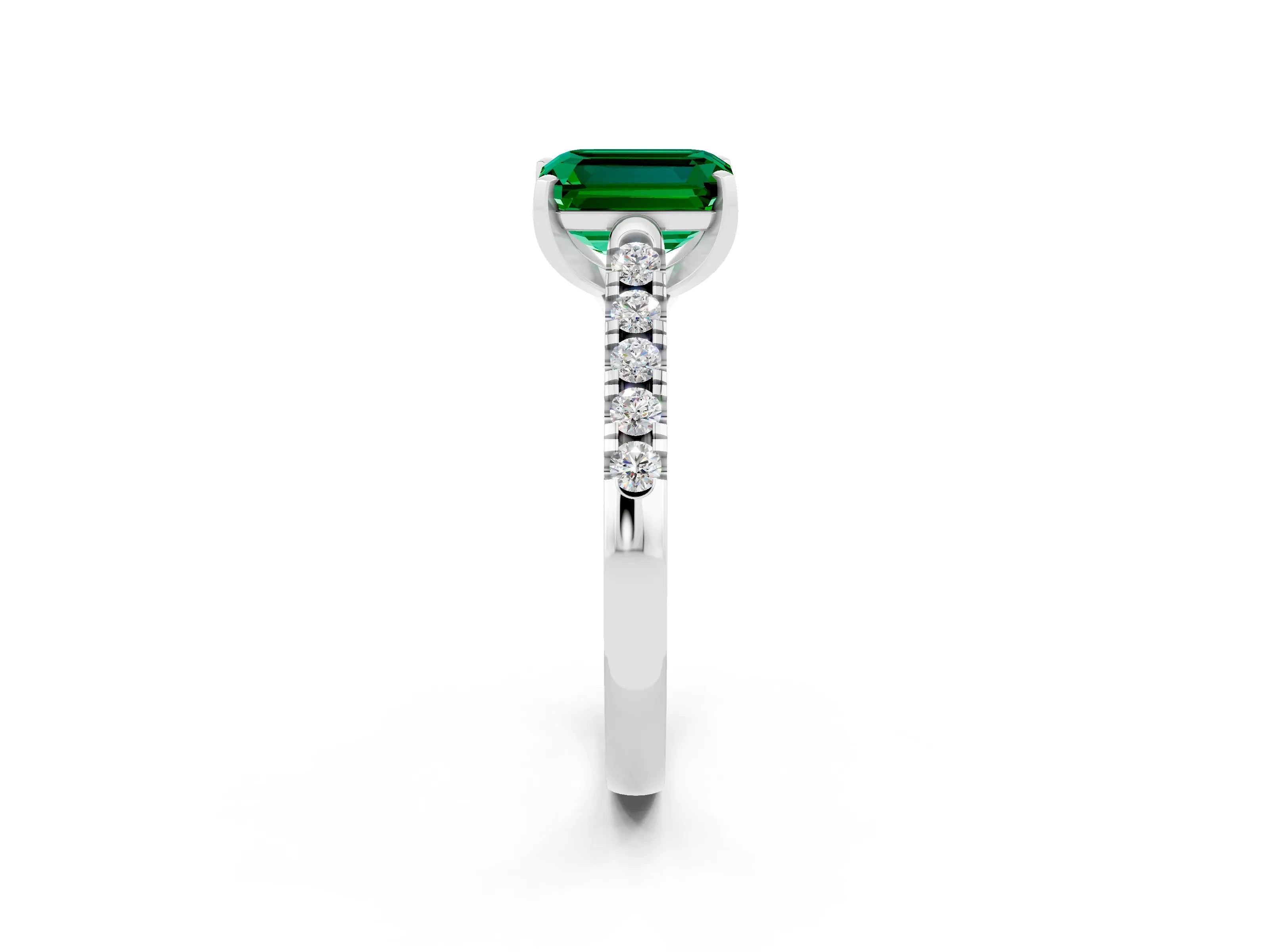 White gold {shape_name} Emerald Solitaire Ring with Pavé Band and Four-Prong Setting_14