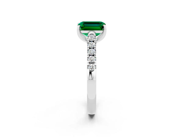 White gold Emerald Cut Emerald Pavé Band Solitaire Ring with Prong Setting
